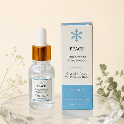 PEACE refill dropper bottle beside its light blue box: Pine, Orange & Cedarwood, 2 refills