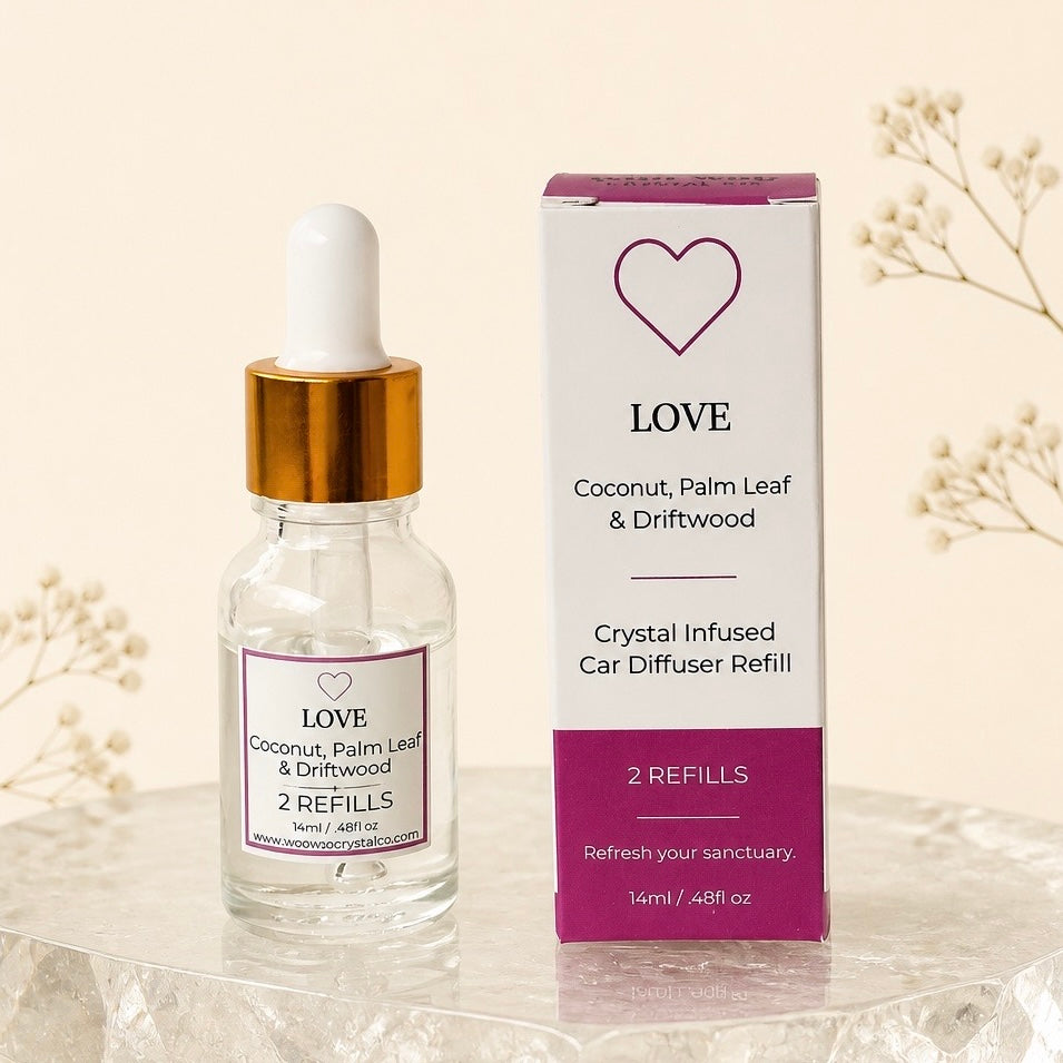 LOVE refill dropper bottle beside its pink box: Coconut, Palm Leaf & Driftwood, 2 refills