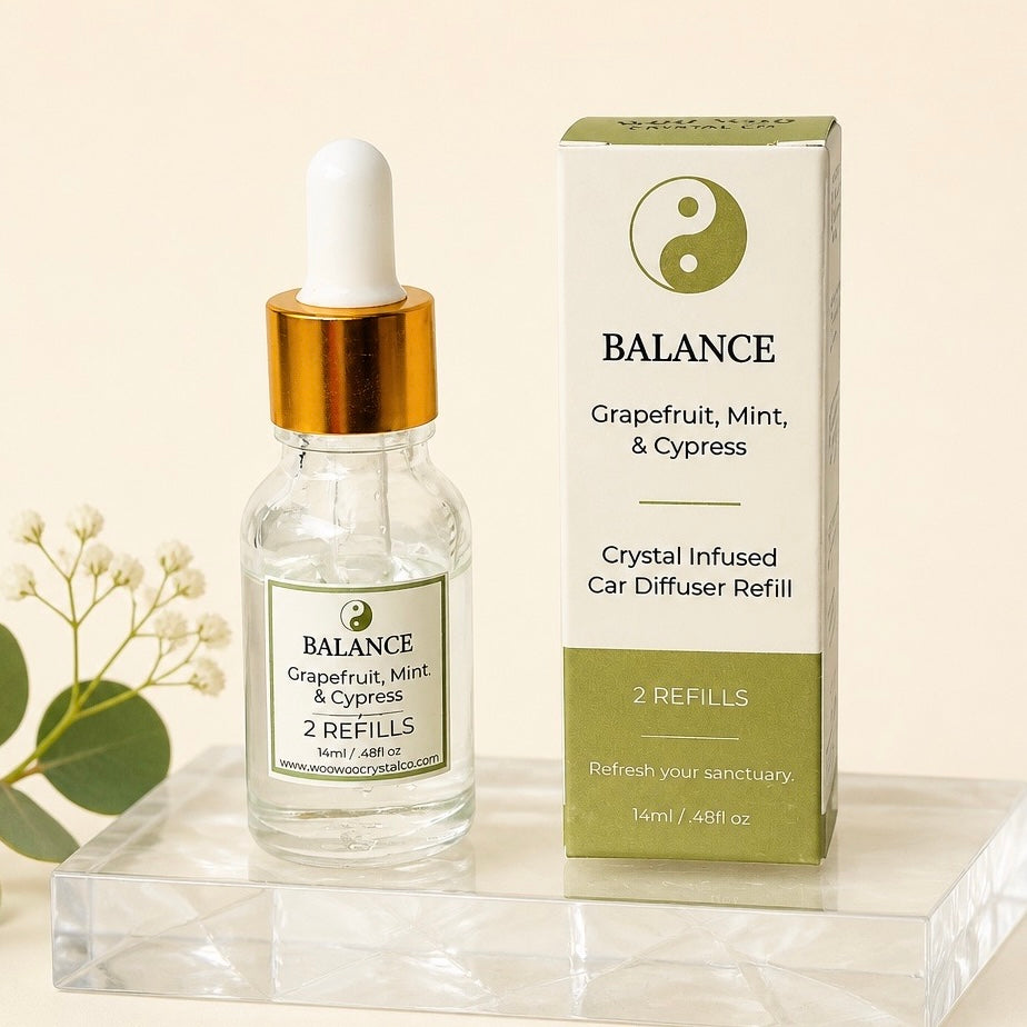 BALANCE refill dropper bottle beside its green box: Grapefruit, Mint & Cypress, 2 refills
