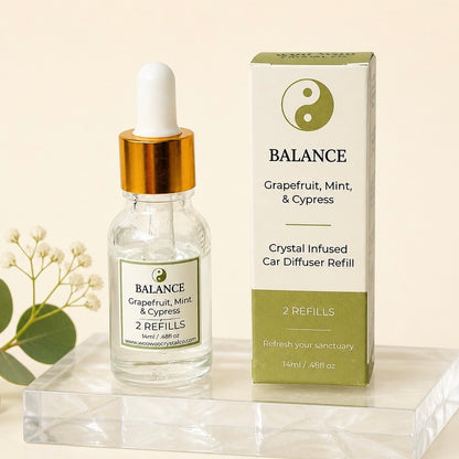 BALANCE refill dropper bottle beside its green box: Grapefruit, Mint & Cypress, 2 refills