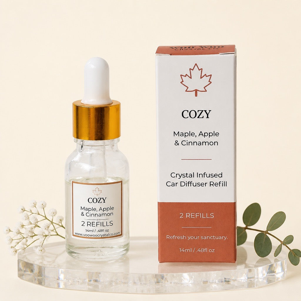 COZY refill dropper bottle beside its orange box: Maple, Apple & Cinnamon, 2 refills