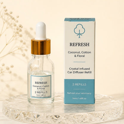 REFRESH refill dropper bottle beside its teal box: Coconut, Cotton & Floral, 2 refills