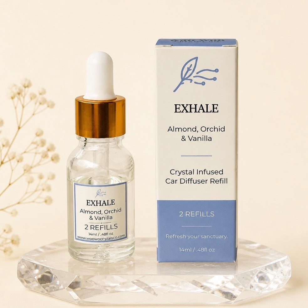 EXHALE refill dropper bottle beside its blue box: Almond, Orchid & Vanilla, 2 refills