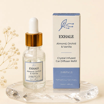 EXHALE refill dropper bottle beside its blue box: Almond, Orchid & Vanilla, 2 refills