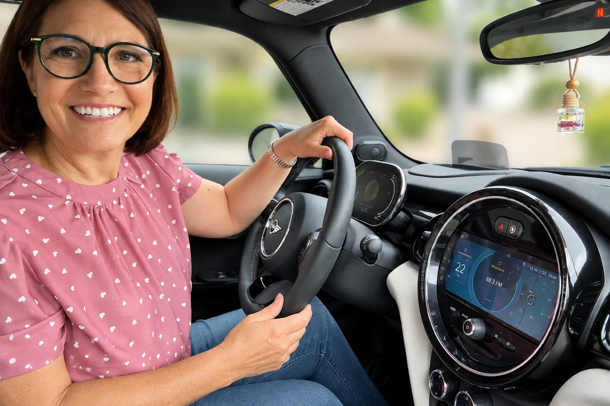 Tracy Lombardi smiling at the wheel of her car